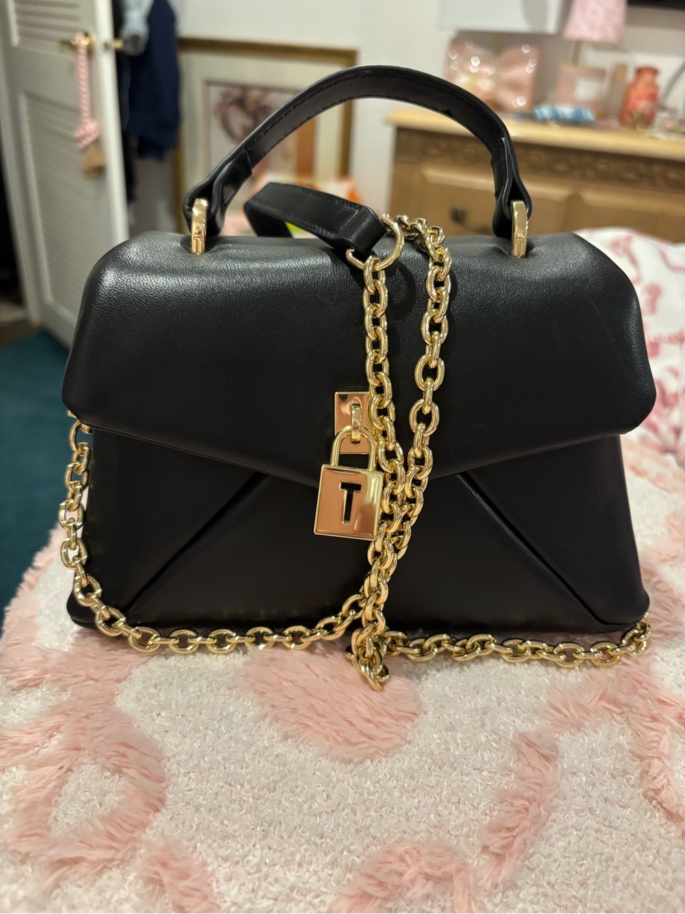 Designer-Inspired Black Leather Top-Handle Bag with Gold Chain